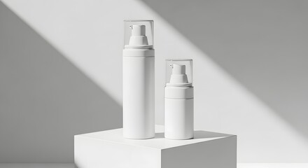 Two white cosmetic pump bottles with clear caps, minimalist product display on a pedestal