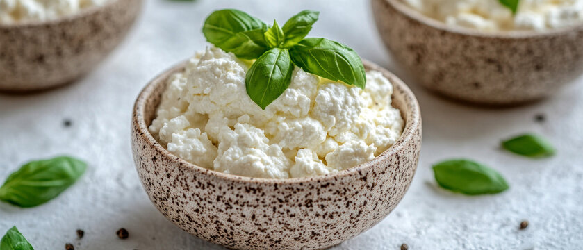 Fresh curd cheese in wooden containers with herbs emphasises its naturalness and serves as an excellent culinary backdrop for recipes or healthy eating.