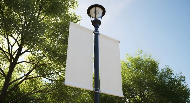 Street lamp with two blank white banners hanging in a park with lush green trees and blue sky
