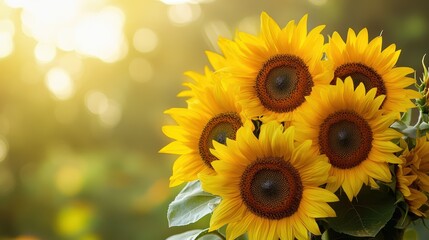 Obraz premium Close-up of vibrant sunflowers in a field, bathed in warm golden sunlight, showcasing intricate details and natural beauty.