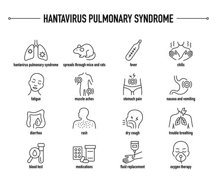 Hantavirus Pulmonary Syndrome symptoms, diagnostic and treatment vector icon set