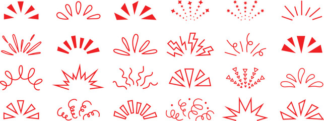 Collection of various hand drawn red sunburst and starburst design elements