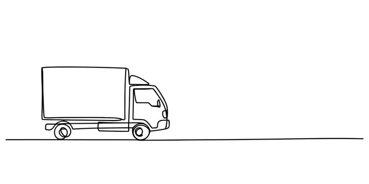 A simple continuous line sketch illustration of a delivery box truck driving on a road. Vector, illustration