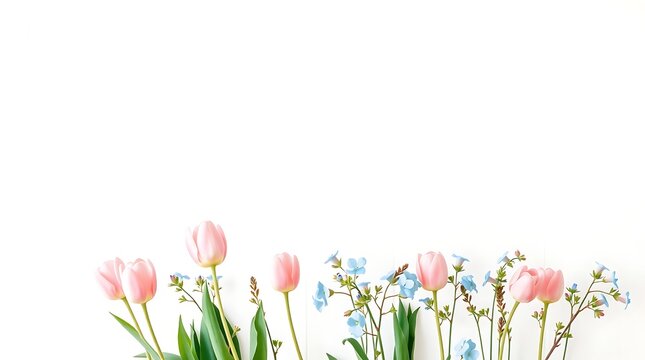Pink Tulips and Blue Flowers Border on White Background