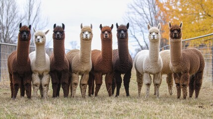 Fototapeta premium Majestic Brown Alpaca Grazing in a Lush Pasture Landscape, Farm Animal Portrait, Peaceful Rural Scene.