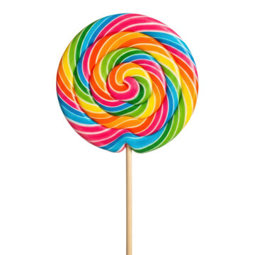 Colorful swirly lollipop on a stick isolated on transparent background