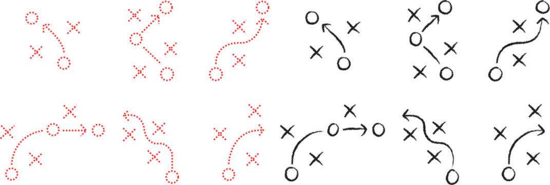 Sports Strategy Play Icons Set with Arrows, X and O Symbols Isolated on White Background