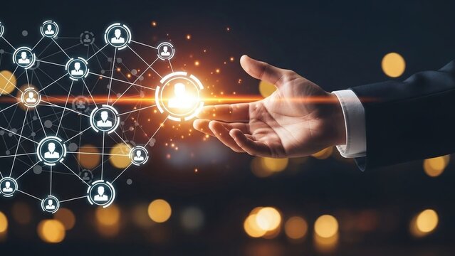 Human hand reaches towards a glowing central network icon, connecting to numerous smaller person icons in a web of light.