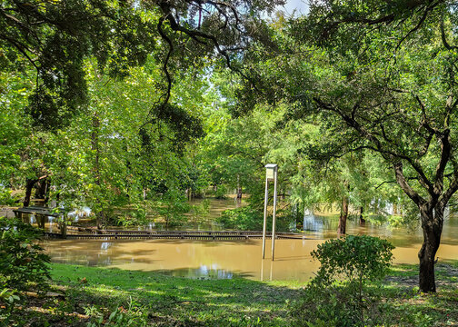 Buffalo Bayou Park, Houston flooded after Hurricane Beryl