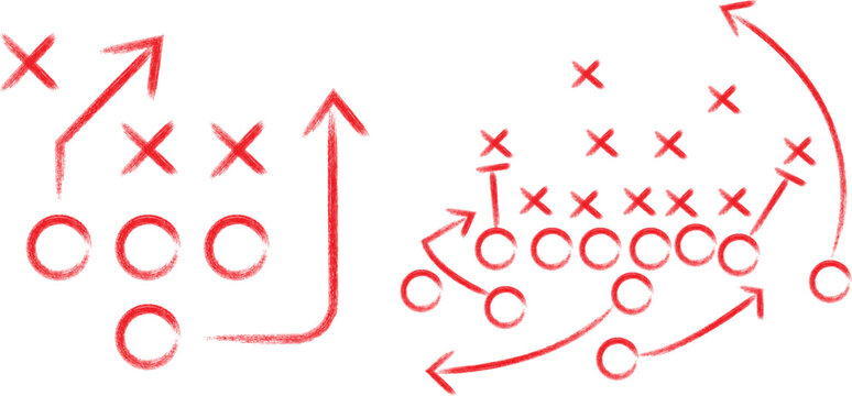 Diagrams illustrating two different offensive formations for American football plays