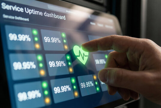 Touch screen displaying server uptime for the concept of Technology and Data.