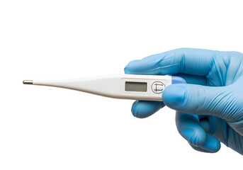 Obraz premium A gloved hand holding a digital thermometer on a white background