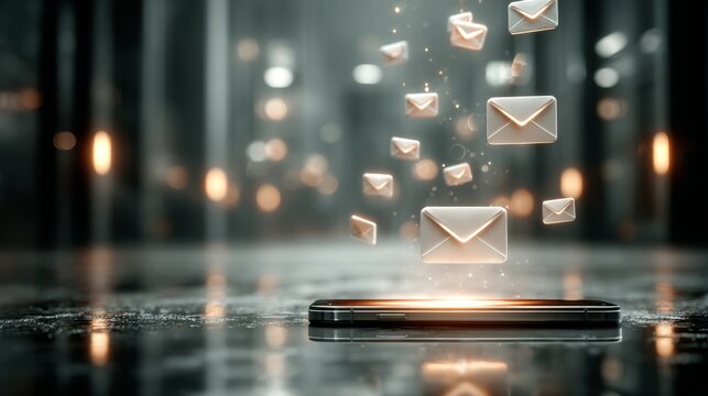 Smartphone receiving multiple emails in modern workspace