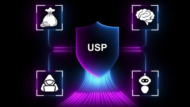 Glowing neon USP of Technology and Digital Security Future Growth, Expansion and Smart Innovation Cyber Protection, Online Safety and Modern Advantage 4k video motion graphic animation