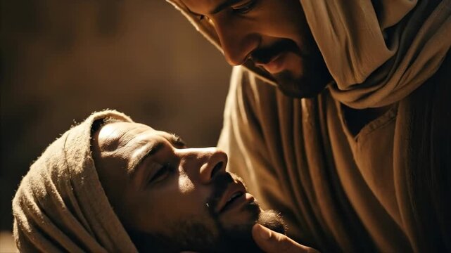 Jesus Christ, a man with a beard, touching eyes of another man. Biblical scene of divine healing for religious and spiritual concept.	
