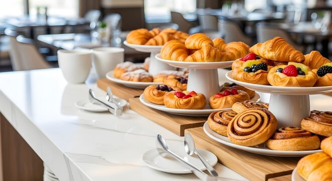Delicious assorted pastries served at a bright hotel buffet for a leisurely breakfast or vacation concept in a modern restaurant setting