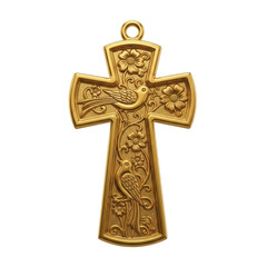 Ornate gold cross with birds and flowers isolated on a transparent background