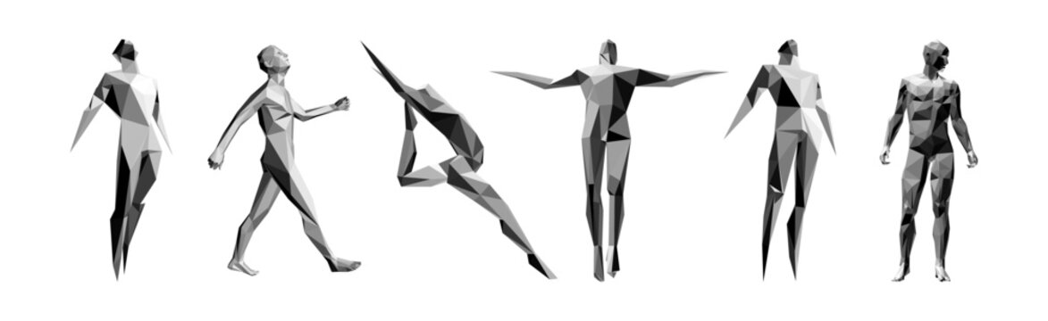 Jumping man. Gymnast. Models of polygonal people in different poses. 3D model of a human body stepping forwards. Vector for brochure, flyer, presentation, logo or banner.
