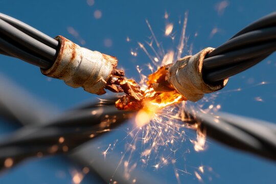 Close-up of Electrical Cable Breakdown with Sparks and Rusty Connections