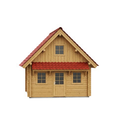 Wooden cabin with red tiled roof isolated on a transparent background