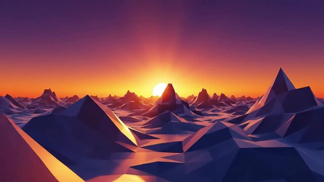Abstract polygonal landscape at sunset with a vibrant orange and purple gradient sky low poly mountain range creates a modern geometric aesthetic for design projects