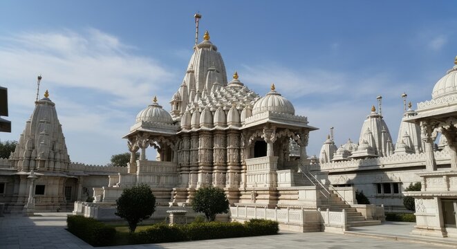 Ornate white Hindu temple with golden accents under blue sky