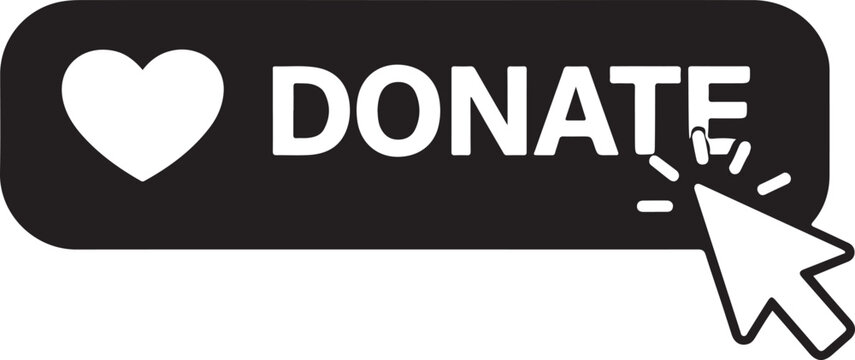 A cursor clicks on a black donate button with a red heart symbol. isolated on white background, illustration