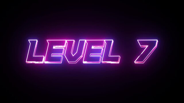 Glowing neon text Level 7 icon animation. Level seven message. Game displaying level 7