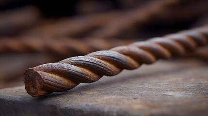 Close up of a heavily rusted twisted metal rebar resting on a textured stone surface highlighting its industrial texture and aged condition