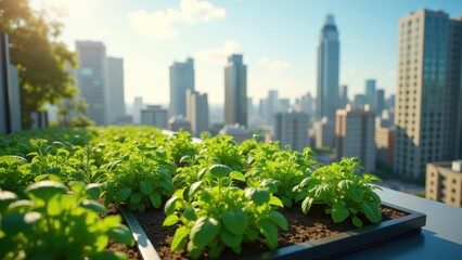 Fototapeta premium Urban smart garden rooftop installation, city farming technology, automated irrigation sensors, metropolitan agriculture, vertical urban greening, IoT garden monitoring