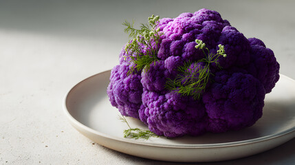 Purple cauliflower head on ceramic plate with fresh dill garnish, soft natural light creating calm, fresh kitchen still life mood