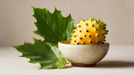 Spiky yellow horned melon in ceramic bowl with large green leaves, minimal still life composition evoking natural texture and calm