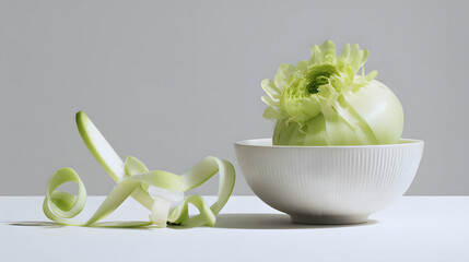 Pale green peeled celtuce stem curled ribbon beside white ceramic bowl holding blossom like vegetable, minimalist still life with soft studio