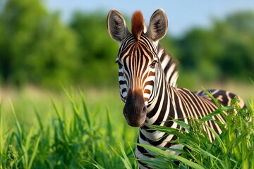 Fototapeta premium Happy Zebra in Lush Grassland Captured in Front Facing Self-Portrait Style