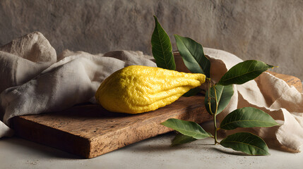 Buddha hand citron fruit on wooden board with cloth and green leaves, rustic still life with warm natural light and textured backdrop