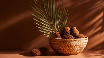 Woven basket with exotic brown fruits and palm leaf on warm textured background, soft sunlight and shadow creating calm natural still life