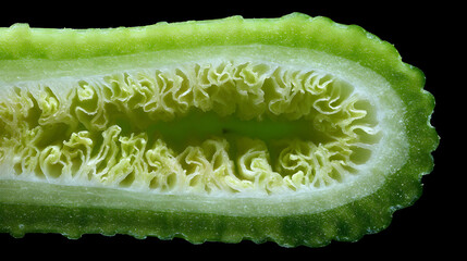 Crisp pale green celtuce cross section showing ribbed skin and frilly inner pith, close up vegetable texture and fresh produce detail