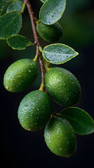 Green finger lime fruit on branch with water droplets and glossy leaves, fresh citrus closeup natural vibrant mood