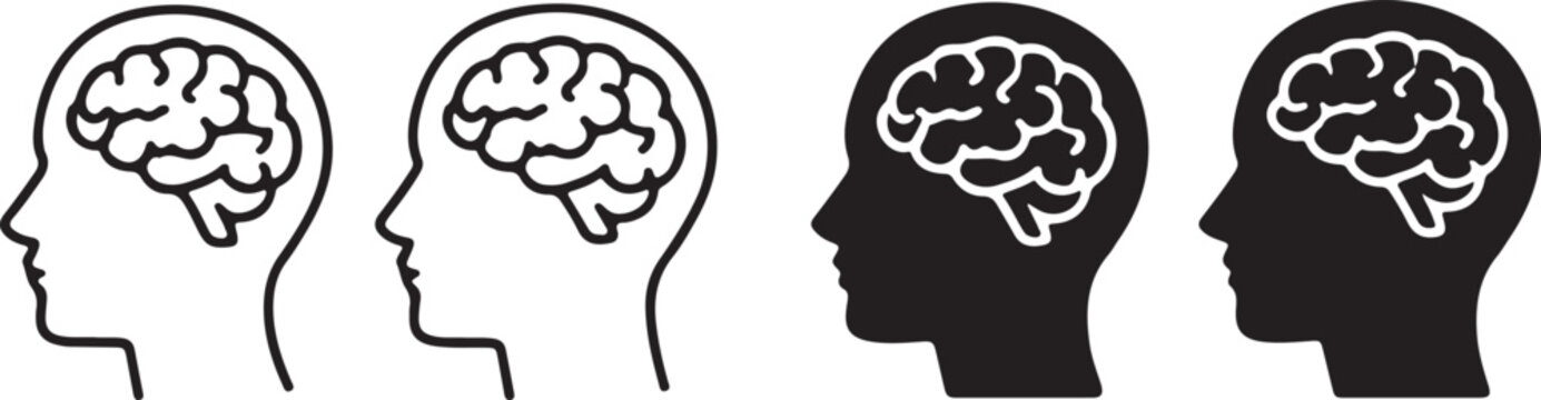 Human head with brain icon set showing line art and silhouette design Illustration of human profiles with different brain activity levels isolated on white background, illustration