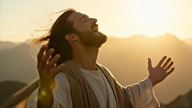 Jesus Christ, a man in white with outstretched hands on a mountaintop. The spiritual concept of praise and worship during sunrise or sunset. Religious piety.