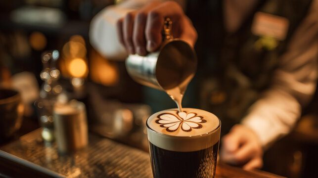 Bartender pouring guinness with shamrock foam art design, dublin temple bar pub, over-shoulder shot, warm interior lighting, editorial style, beer foam shamrock shape, irish pub