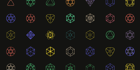 Obraz premium Colorful geometric shapes and wireframe icons arranged in a dark grid