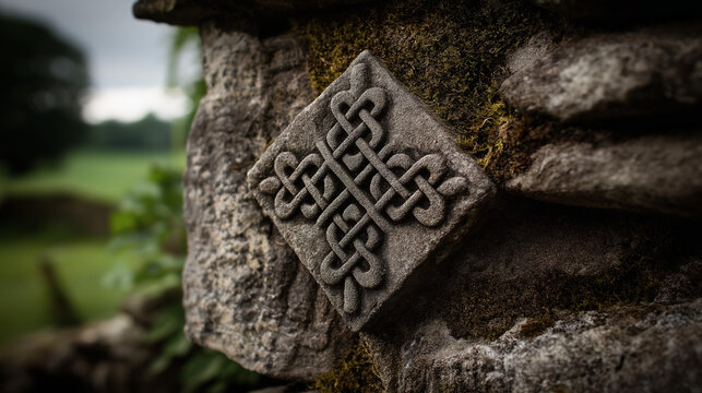Celtic knot pattern carved in weathered stone wall, ireland countryside, macro detail, overcast soft light, documentary style, celtic cross stone, irish heritage symbol
