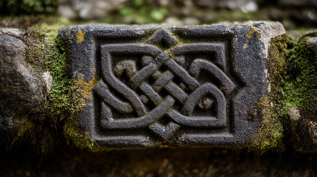 Celtic knot pattern carved in weathered stone wall, ireland countryside, macro detail, overcast soft light, documentary style, celtic cross stone, irish heritage symbol