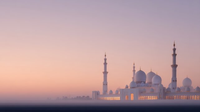 Grand mosque architecture in Abu Dhabi United Arab Emirates at dusk, elegant Islamic design,