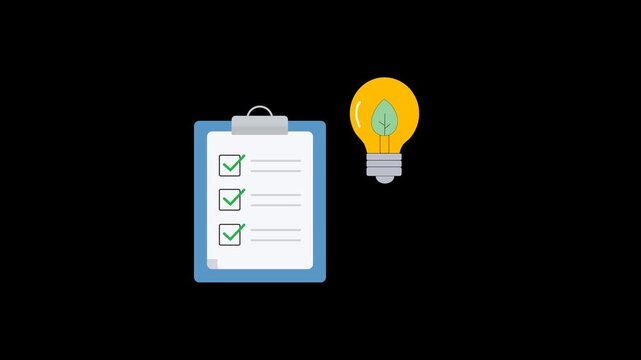 Clipboard checklist light bulb. Project planning strategy idea audit. Planning, approval, productivity, and successful task completion. Light bulb and checklist. 4K resolution. Alpha Channel