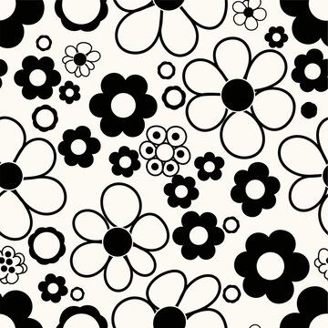 Seamless retro black and white floral pattern with vintage mod daisy flowers, ideal for graphic design and textiles.