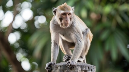 Obraz premium Curious monkey standing on stone pillar in lush green forest