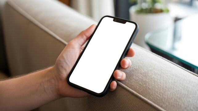 Hand holding smartphone with blank white screen for customizable content