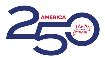 America 250 years of freedom celebration logo with red and blue text